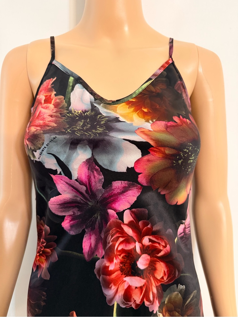 Black all saints Floral Slip Midi Dress with Red & Pink Blooms - Picture 4 of 9